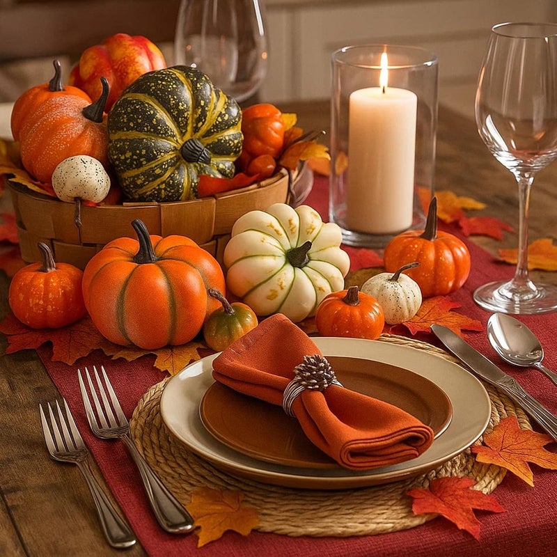 HAKACC 14 PCS Artificial Mixed Pumpkins for Decorating, Fake Pumpkins with 30PCS Fake Maple Leaves Thanksgiving Fall Harvest Decorations for Home, Fall Table Decor - Image 3