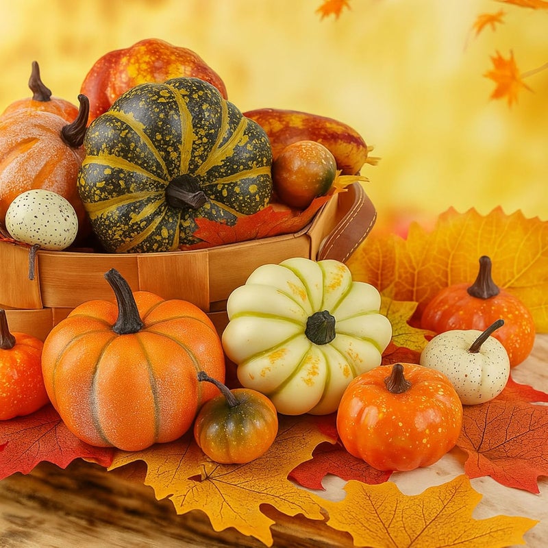 HAKACC 14 PCS Artificial Mixed Pumpkins for Decorating, Fake Pumpkins with 30PCS Fake Maple Leaves Thanksgiving Fall Harvest Decorations for Home, Fall Table Decor - Image 1
