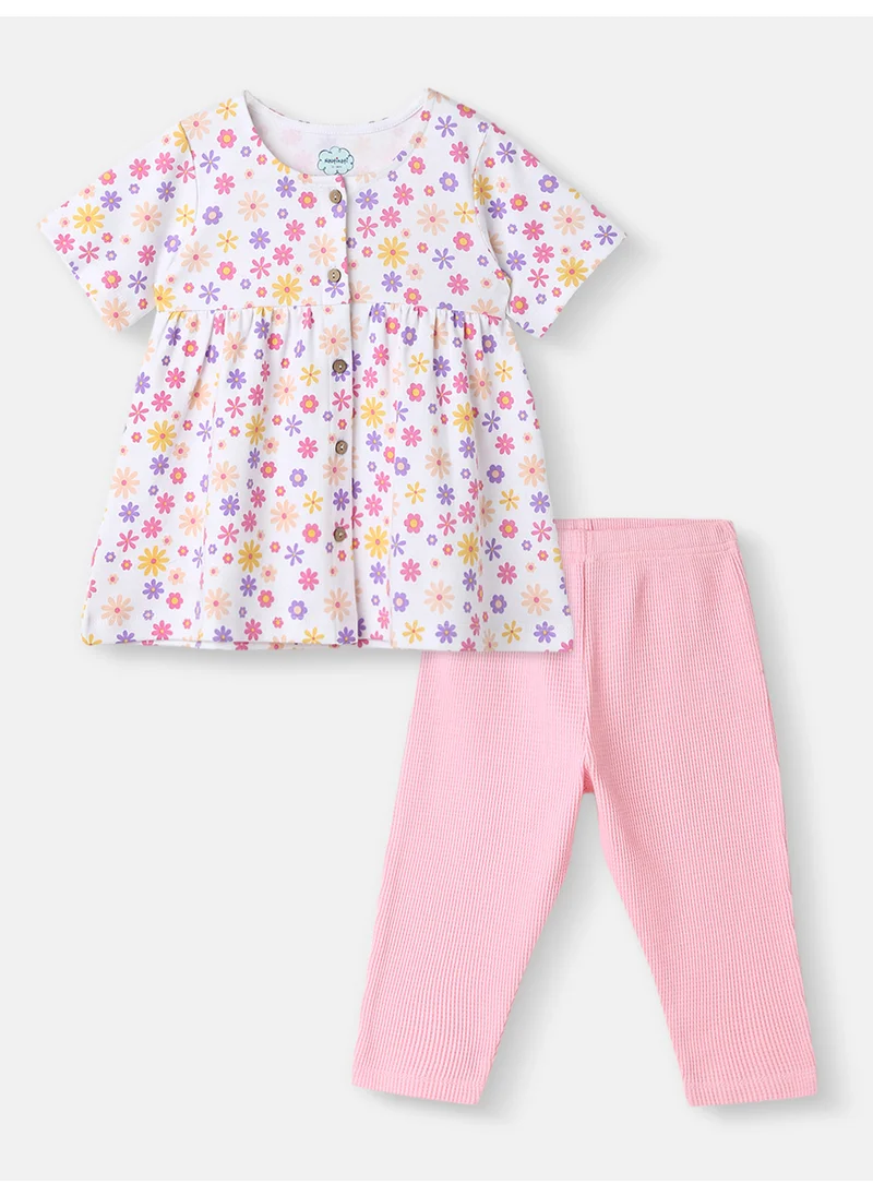 نوتيناتي Girls’ Cotton Top and Pants Set|Floral Printed Top | Solid Pants | 3-24 Months