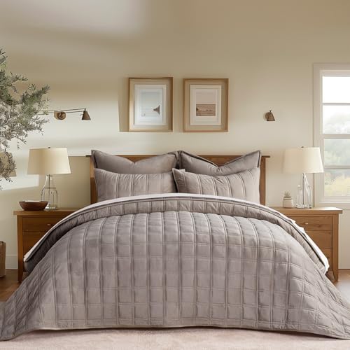 EVERGRACE 3 Pieces Luxurious Velvet Quilt King Size Ultra Soft Bedspread Coverlet Set Double Box Stitch Lightweight Velvet Comforter for All Season with 2 Shams Truffle Taupe 108x96