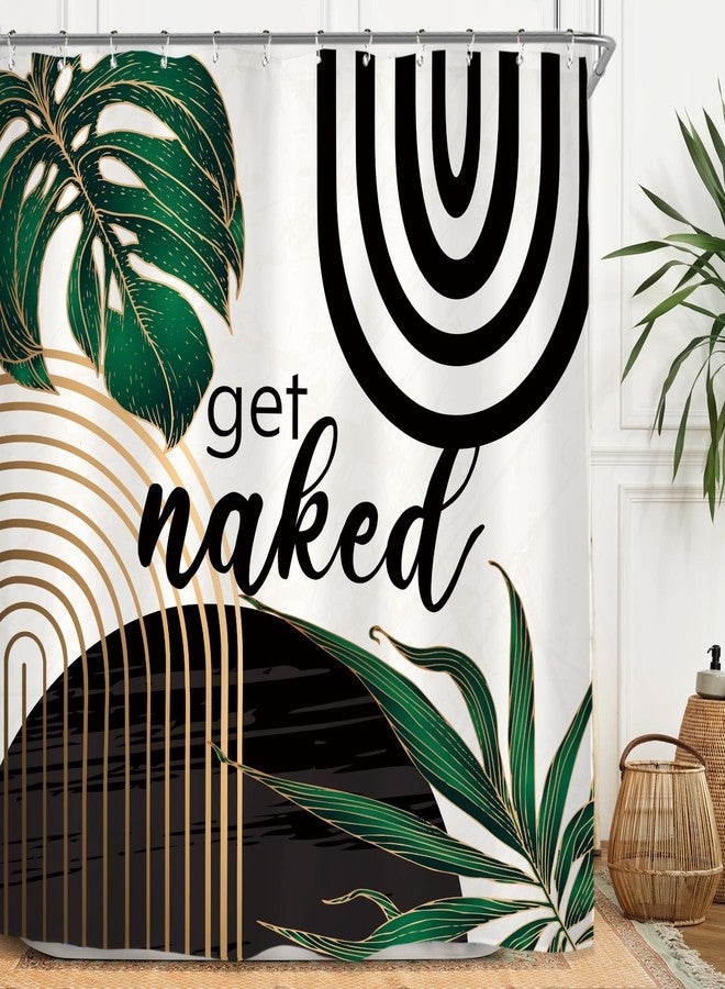 Miyotaa Emerald Green Abstract Shower Curtain Set 71Wx71H Inches Get Naked Minimalist Aesthetic Modern Contemporary Plant Mid Century Polyester Waterproof Bathroom Curtain with 12 Hooks - Image 1