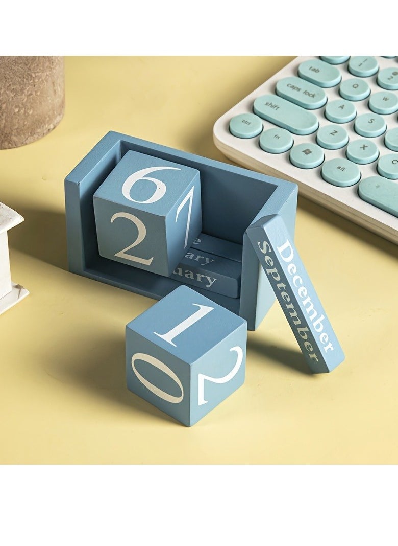Generic 1 pc blue Wooden Block Calendar Perpetual Calendar, Desk Date Display Office Decor for Desk Stand Up Calendar, Wooden Cubes Calendars for Home School Office Desk Decoration  - Image 2