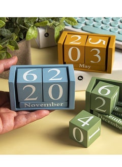 Generic 1 pc blue Wooden Block Calendar Perpetual Calendar, Desk Date Display Office Decor for Desk Stand Up Calendar, Wooden Cubes Calendars for Home School Office Desk Decoration  - Image 1