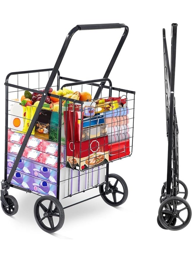 DUNISO Folding Shopping Cart with Wheels and Double Basket, Grocery Multipurpose Cart, Compact, Suitable for Shopping Laundry, Garden, Grocery, Travel, Black, 118L  - Image 1