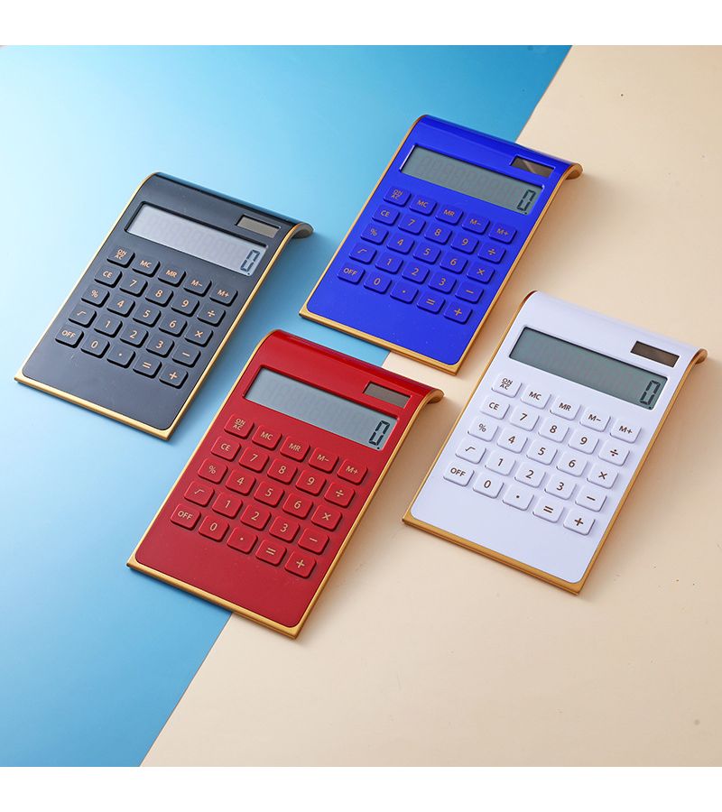Red Ultra Thin Dual Power Solar Calculator Golden Frame Desktop Suitable For Office Or School Supplies - Image 1