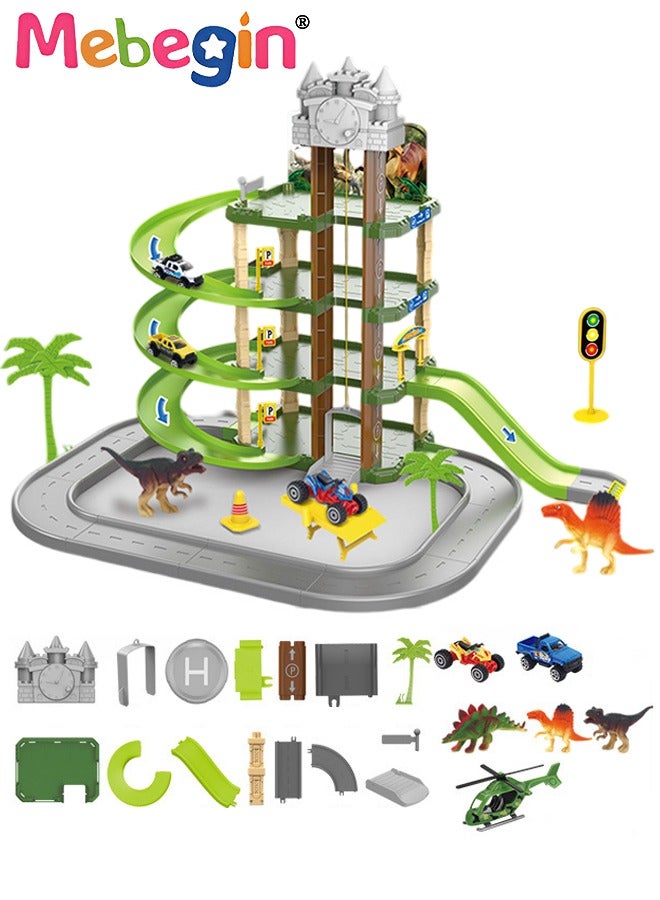 MEBEGIN 71PCS Track Series, Dinosaur Parking Lot Set with 2 Mini Cars, 3 Different Dinosaurs and 1 Helicopter, 4-tier Rail Track Toy Playset with Traffic Signs, DIY Tracks Toy, Ideal Gift for Kids Aged 3+ - Image 2