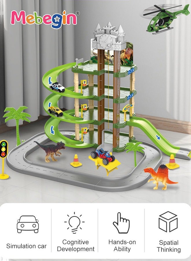 MEBEGIN 71PCS Track Series, Dinosaur Parking Lot Set with 2 Mini Cars, 3 Different Dinosaurs and 1 Helicopter, 4-tier Rail Track Toy Playset with Traffic Signs, DIY Tracks Toy, Ideal Gift for Kids Aged 3+ - Image 3