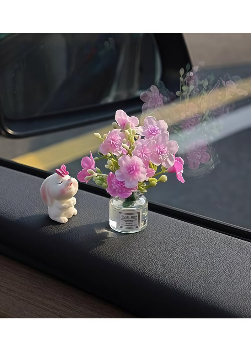 مجموعة من قطعتين من زينة مرآة الرؤية الخلفية للسيارة على شكل أرنب صغير لطيف وزهرة خوخ في مزهرية، زينة مرحة للوحة القيادة، إكسسوارات داخلية لطيفة للسيارة، هدايا للنساء - Image 1