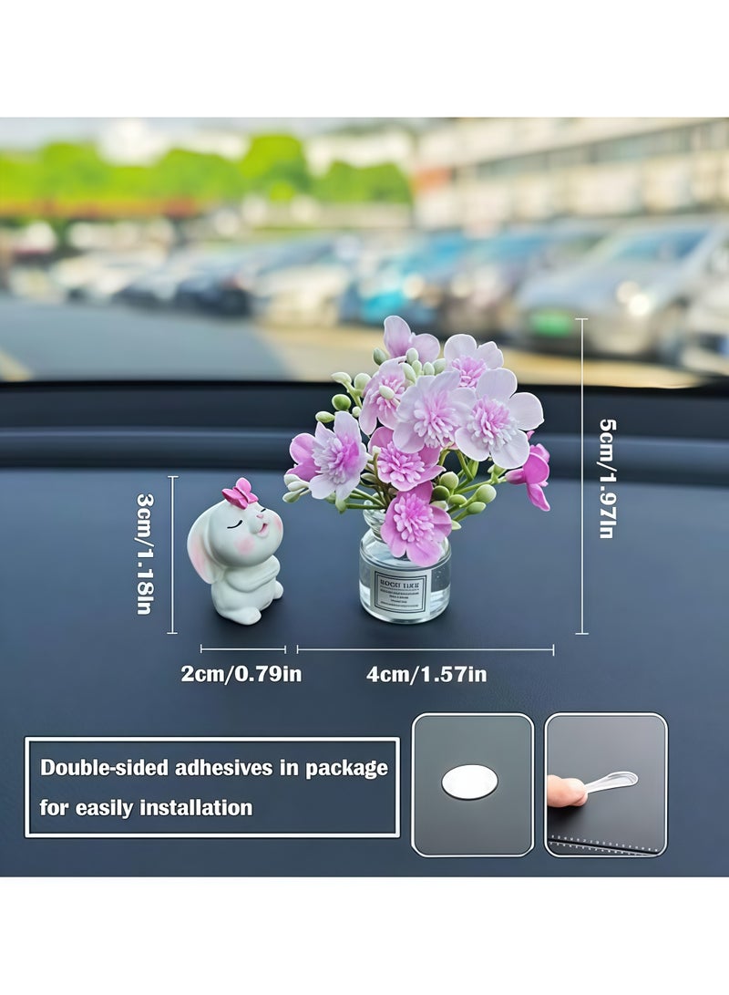 مجموعة من قطعتين من زينة مرآة الرؤية الخلفية للسيارة على شكل أرنب صغير لطيف وزهرة خوخ في مزهرية، زينة مرحة للوحة القيادة، إكسسوارات داخلية لطيفة للسيارة، هدايا للنساء - Image 5