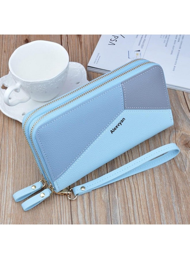 Alexvyan محفظة أليكسفيان طويلة ذات قسمين مع جيب إضافي بسحاب أزرق للنساء والفتيات بسعة كبيرة من جلد PU، حقيبة يد نسائية - Image 2