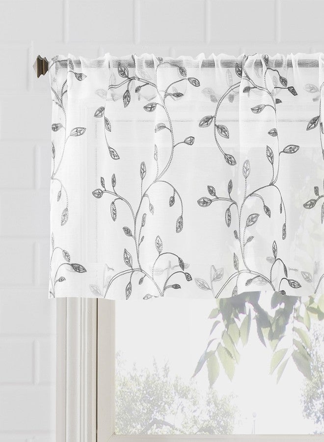 No. 918 Francine Embroidered Foliage Semi-Sheer Rod Pocket Kitchen Curtain Valance, White/Gray, 54" W x 15" L - Image 2
