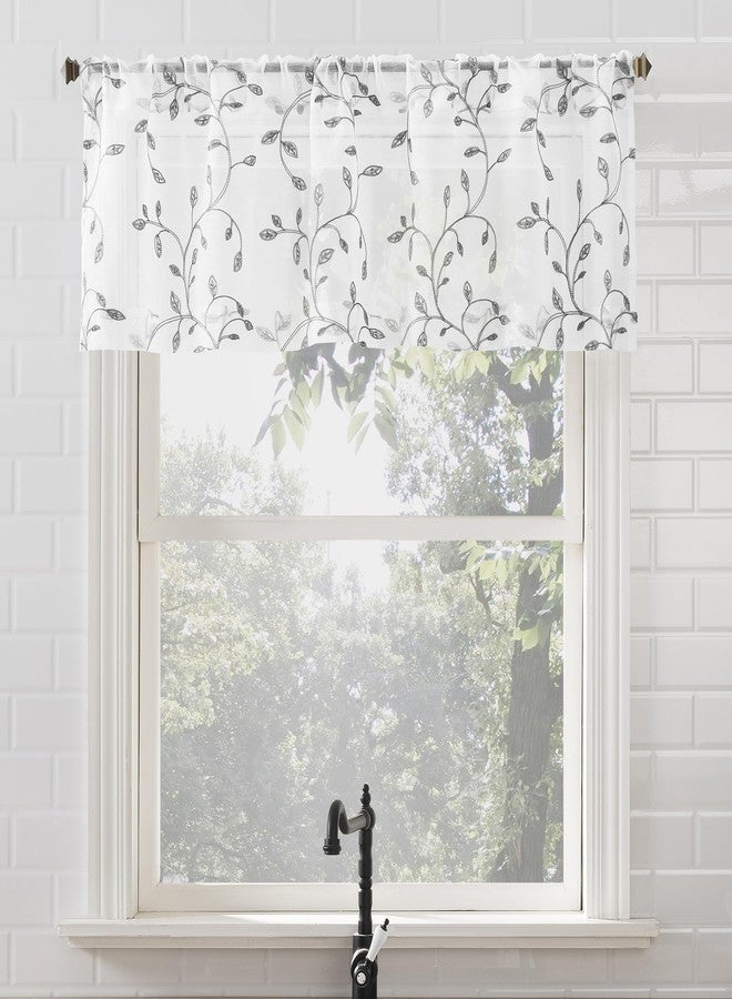 No. 918 Francine Embroidered Foliage Semi-Sheer Rod Pocket Kitchen Curtain Valance, White/Gray, 54" W x 15" L - Image 1