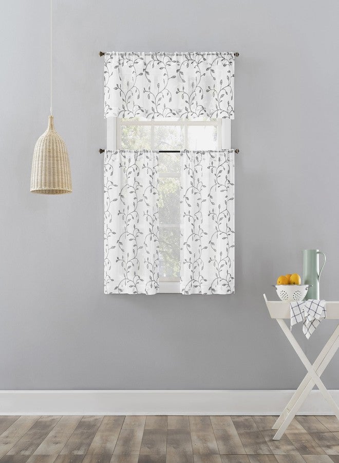 No. 918 Francine Embroidered Foliage Semi-Sheer Rod Pocket Kitchen Curtain Valance, White/Gray, 54" W x 15" L - Image 4