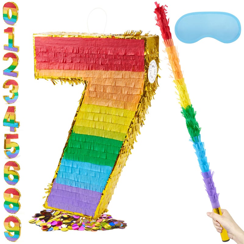 PCFING 20 Inch Number 7 Piata Rainbow with 30 Inch Piata Stick Blindfold Confetti for Boys Girls Adults Birthday Party Decorations Anniversary Celebration Fiesta - Image 3