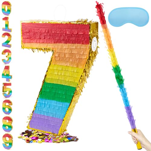 PCFING 20 Inch Number 7 Piata Rainbow with 30 Inch Piata Stick Blindfold Confetti for Boys Girls Adults Birthday Party Decorations Anniversary Celebration Fiesta - Image 1