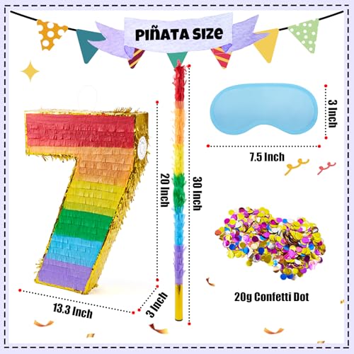 PCFING 20 Inch Number 7 Piata Rainbow with 30 Inch Piata Stick Blindfold Confetti for Boys Girls Adults Birthday Party Decorations Anniversary Celebration Fiesta - Image 5