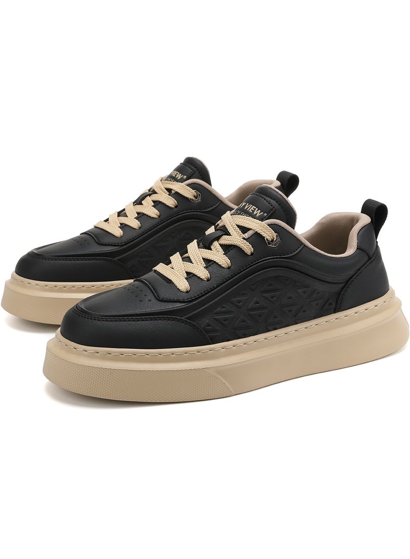 Sky View SKY VIEW Men's Fashion Shoes Ultrafine Fiber Vamp Casual Shoes For Men Non Slip Lace Up Chunky Sneakers Cushioned And Lightweight Low Top Walking Shoes Black-02  - Image 1