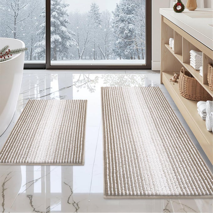 BATHROOM RUGS AND MATS SETS 2 PIECE THICK ABSORBENT CHENILLE NON SLIP SOFT SHAGGY FLOOR MATS MACHINE WASHABLE LIGHT TAUPE 20 X 47 PLUS 16 X 24