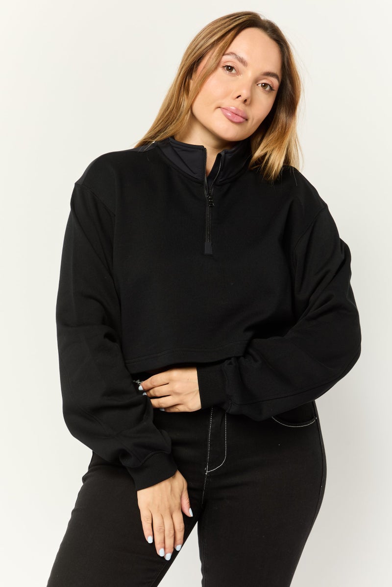 ESPRIT Women High Neck Solid Long Sleeves Cropped Sweatshirts, Black - Image 1