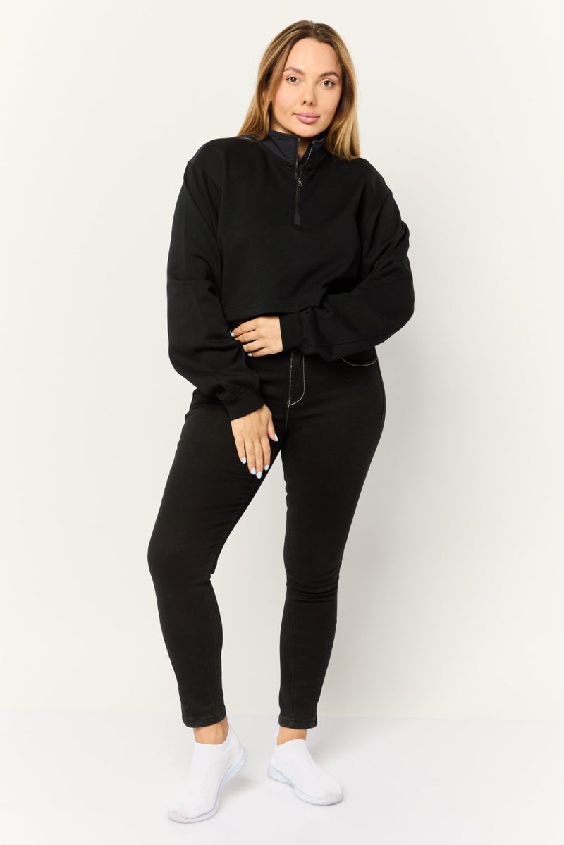 ESPRIT Women High Neck Solid Long Sleeves Cropped Sweatshirts, Black - Image 4