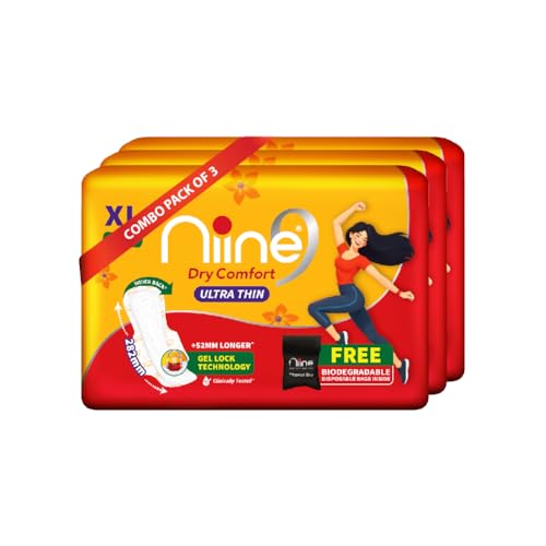 NIINE Dry Comfort Ultra Thin XL Sanitary Pads for Women|120 Pads,Pack of 3|282mm Long|Fast Absorption|Prevent Wetness & Leakage|Enjoy Leak-Free Periods|With Fluid Lock Technology|Disposable Bag Inside - Image 1