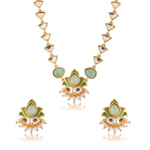 VOYLLA Forever More Green Gold Plated Necklace Set For Women, Enamelled Necklace Set, EveryDay, Festive, Wedding, Gift For Women - Image 1