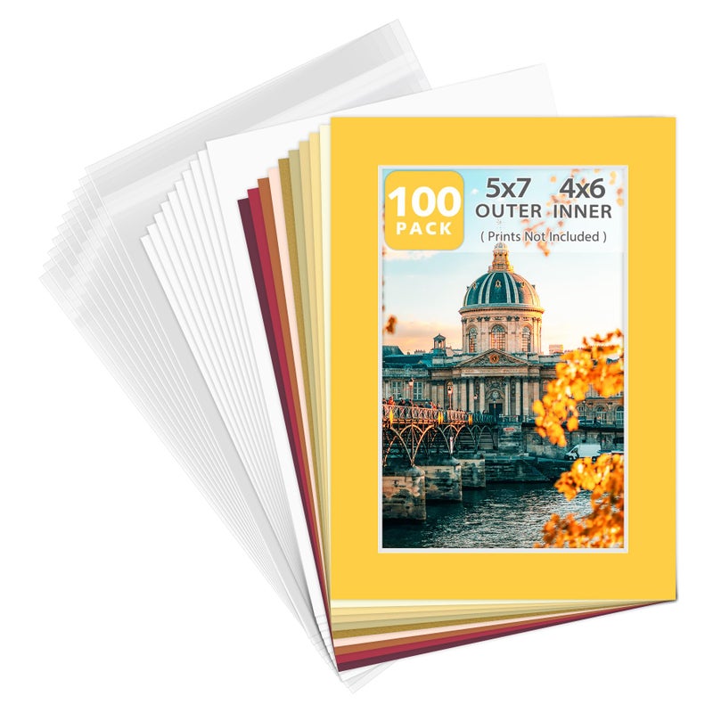 طقم فنون ولاية الذهب 100 قطعة من ماتس الصور مقاس 5x7 مسبقة القطع لصورة مقاس 4x6 مع قلب أبيض وحواف مقطوعة بزاوية يتضمن 100 ماتس خالية من الحمض عالية الجودة و100 لوح دعم و100 كيس شفاف
