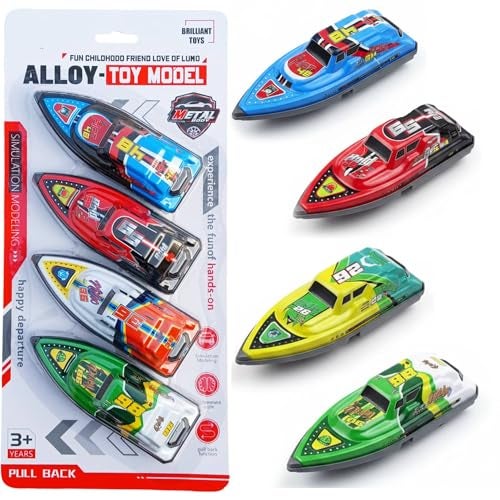 SHAKTISM Diecast Model Pull Back Metal Speed Boat Toy Set for Kids, 4 Pieces, Big Size Die‑Cast Boats, Multicolor, 3+ Years - Image 1