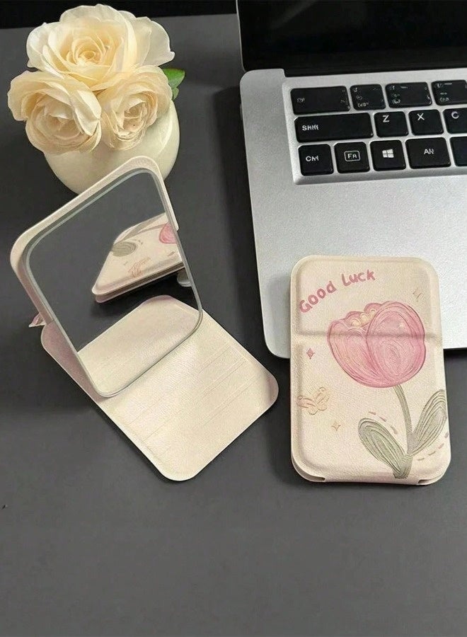 شيبشيب عبوتان من مرآة مكياج محمولة أنيقة على شكل توليب مع إضاءة، مرآة يد قابلة للطي فائقة النحافة مع غطاء من جلد البولي يوريثان (PU)، مدمجة ومناسبة للتسوق، المنزل، والمكتب. - Image 5