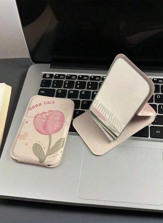 شيبشيب عبوتان من مرآة مكياج محمولة أنيقة على شكل توليب مع إضاءة، مرآة يد قابلة للطي فائقة النحافة مع غطاء من جلد البولي يوريثان (PU)، مدمجة ومناسبة للتسوق، المنزل، والمكتب. - Image 4