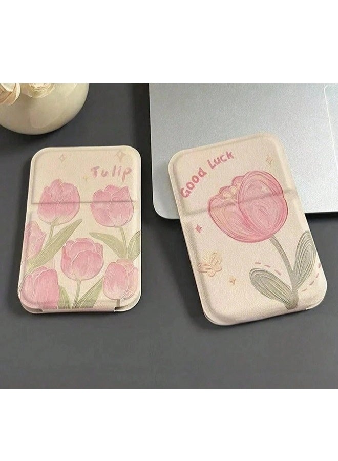 شيبشيب عبوتان من مرآة مكياج محمولة أنيقة على شكل توليب مع إضاءة، مرآة يد قابلة للطي فائقة النحافة مع غطاء من جلد البولي يوريثان (PU)، مدمجة ومناسبة للتسوق، المنزل، والمكتب. - Image 1