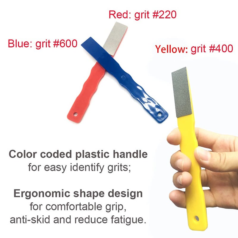 OSFTBVT Diamond Color Coded Mini Diamond Hone Kit 3Grits #220,400,600 Flat Hand File Knife Sharpener Red/Yellow/Blue - 3pcs - Image 3