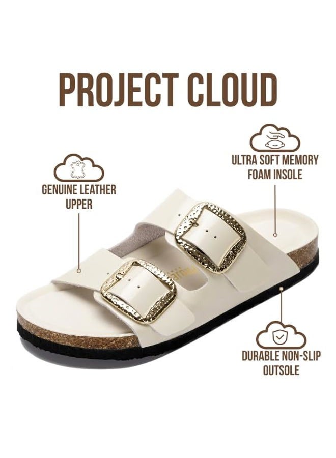 Project Cloud Genuine Leather Flat Sandals for Women 2025 Comfortable Beach Essentials Womens Sandals Memory Foam Vacation Essentials Slides for Women Footwear (Santorini), Marshmellow Leather, 9 - Image 2
