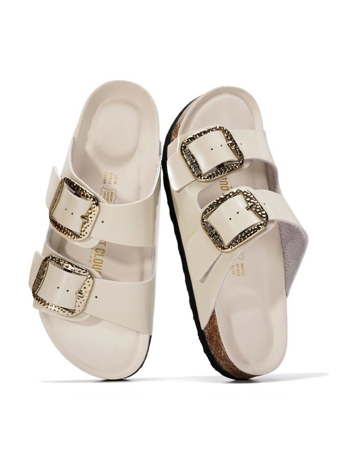 Project Cloud Genuine Leather Flat Sandals for Women 2025 Comfortable Beach Essentials Womens Sandals Memory Foam Vacation Essentials Slides for Women Footwear (Santorini), Marshmellow Leather, 9 - Image 1