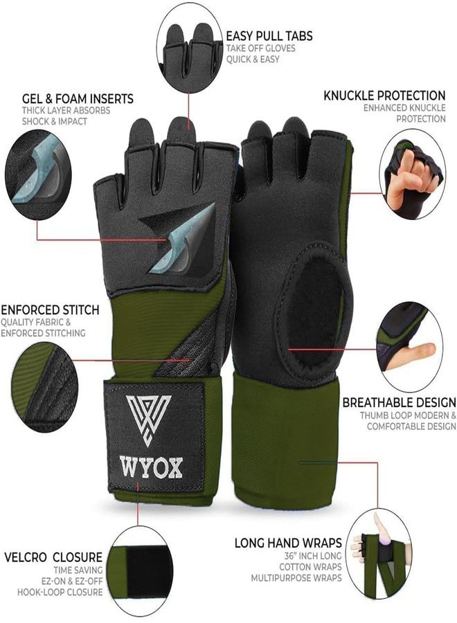WYOX Gel Boxing Hand Wraps Inner Gloves for Men & Women, 80cm Quick Wrist Straps, Padded Knuckle Protection for Muay Thai Kickboxing, Hand Wraps for Boxing & Martial Arts (Army Green, XS) - Image 2