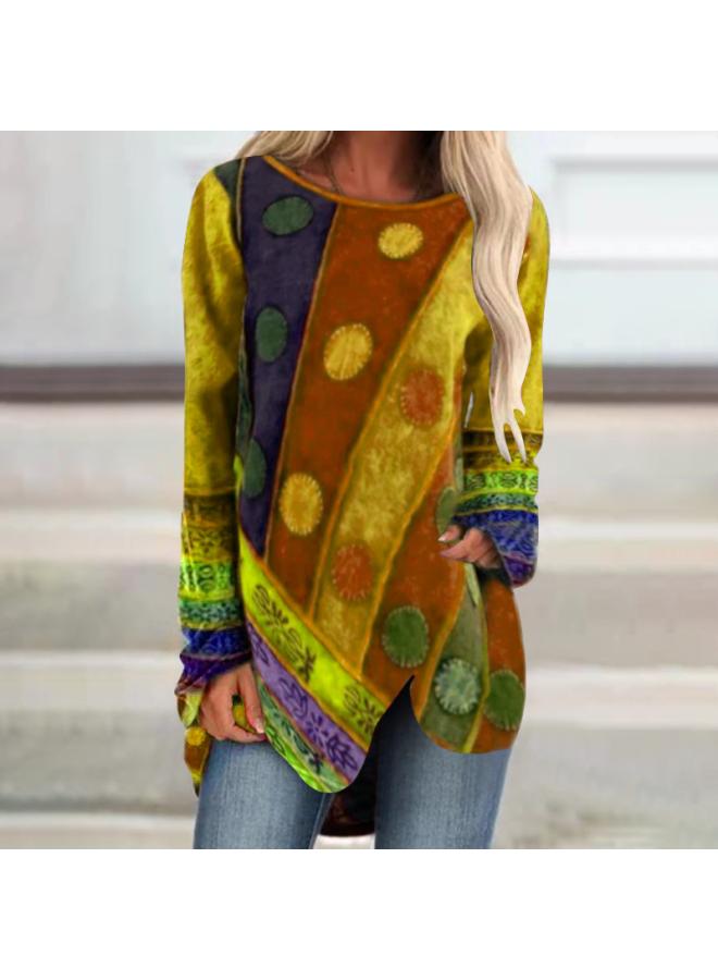 European And American Women's New Spring Retro Printed Irregular Long Sleeve Casual T-shirt Women's Clothing