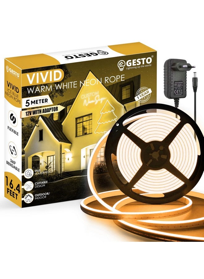 الجستو شريط أضواء نيون LED بطول 16.4 قدم من Gesto مع محول 12 فولت، حبل ضوء نيون سيليكون مسطح مرن قابل للقطع، شرائط LED نيون مقاومة للماء IP65 للديكور الداخلي والخارجي (أبيض دافئ) - Image 1