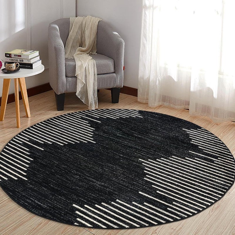 Rugshop Bohemian Stripe Stain Resistant High Traffic Living Room Kitchen Bedroom Dining Home Office Round Area Rug 6 Round Black