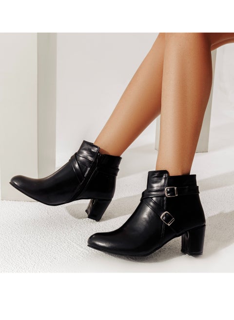 Ankle Boot Heels Leather With Accessories R-21 - Black
