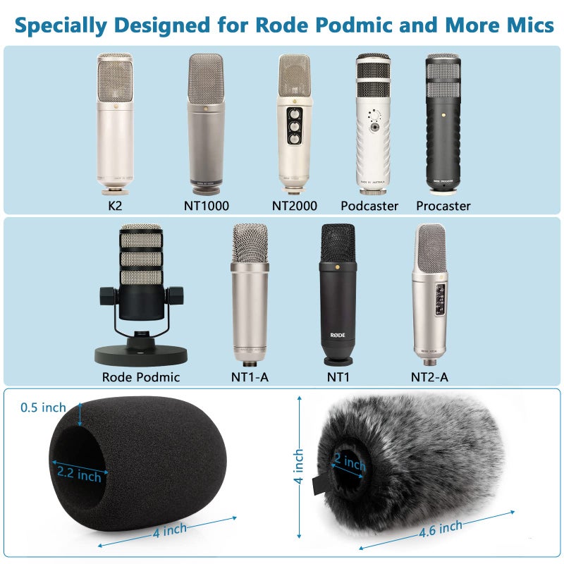 ChromLives Windscreen Pop Filter Compatible with Rode Podmic, Procaster, Podcaster, NT1, NT1-A, NT2-A, NT-USB, K2, NT1000, NT2000,Mic Foam Cover +Furry Wind Muff Mic Cover Compatible with Rode Podmic,Combo 2Pack - Image 3