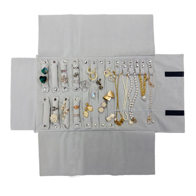 UnionPlus Velvet Travel Jewelry Roll Bag Organizer for Necklaces Bracelets Earrings Rings, Black and Grey - Image 1