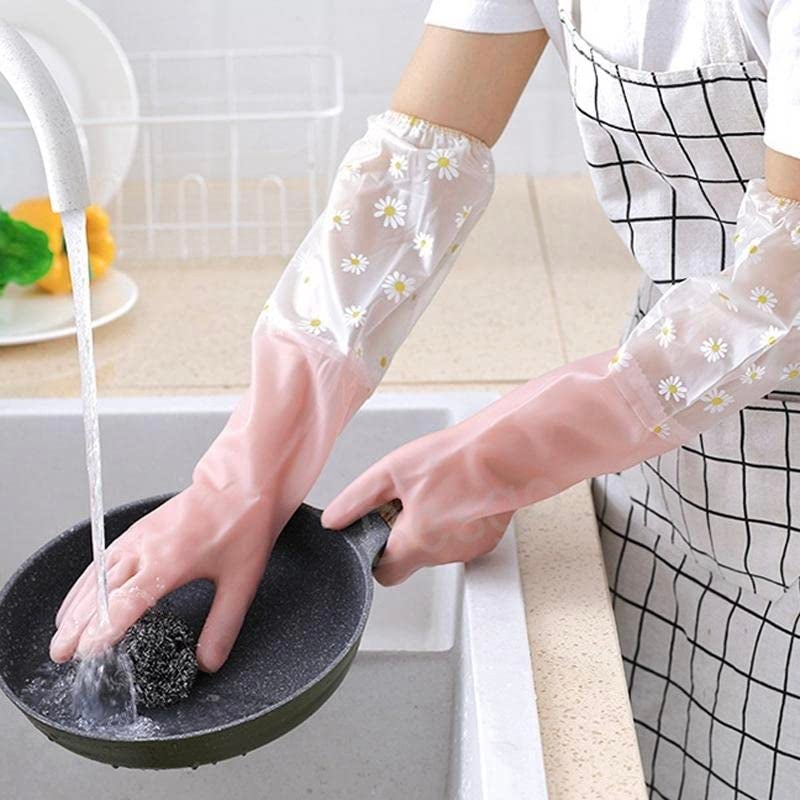 EAYIRA Reusable Heavy Duty Hand Gloves For Dishwashing, Gardening, Kitchen Cleaning Non-Slippery & Durable Long Elbow Length(Inner Cotton Lining For Comfort), 1 Pair (Pink, Pack of 2) - Image 1