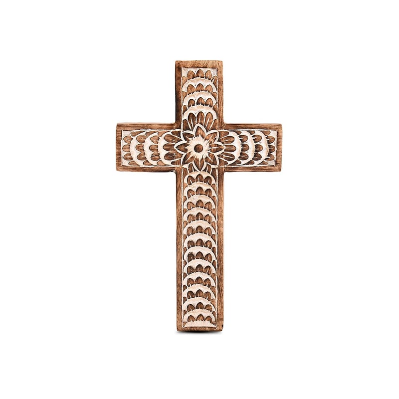 EDHAS Mango Wood White Cross Carved FloralDesign Family Cross DecorHome Decoration 254cm x 1524cm x 127cm