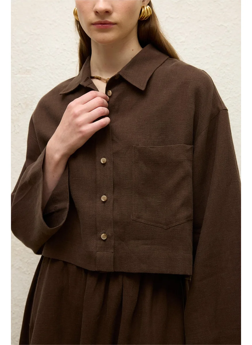 مانوكا Linen Long Sleeve Crop Shirt Bitter Coffee