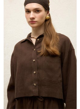 Manuka Linen Long Sleeve Crop Shirt Bitter Coffee  - Image 3