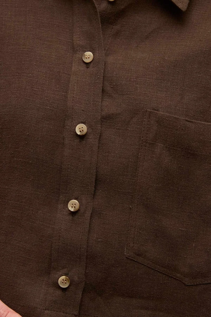 Manuka Linen Long Sleeve Crop Shirt Bitter Coffee