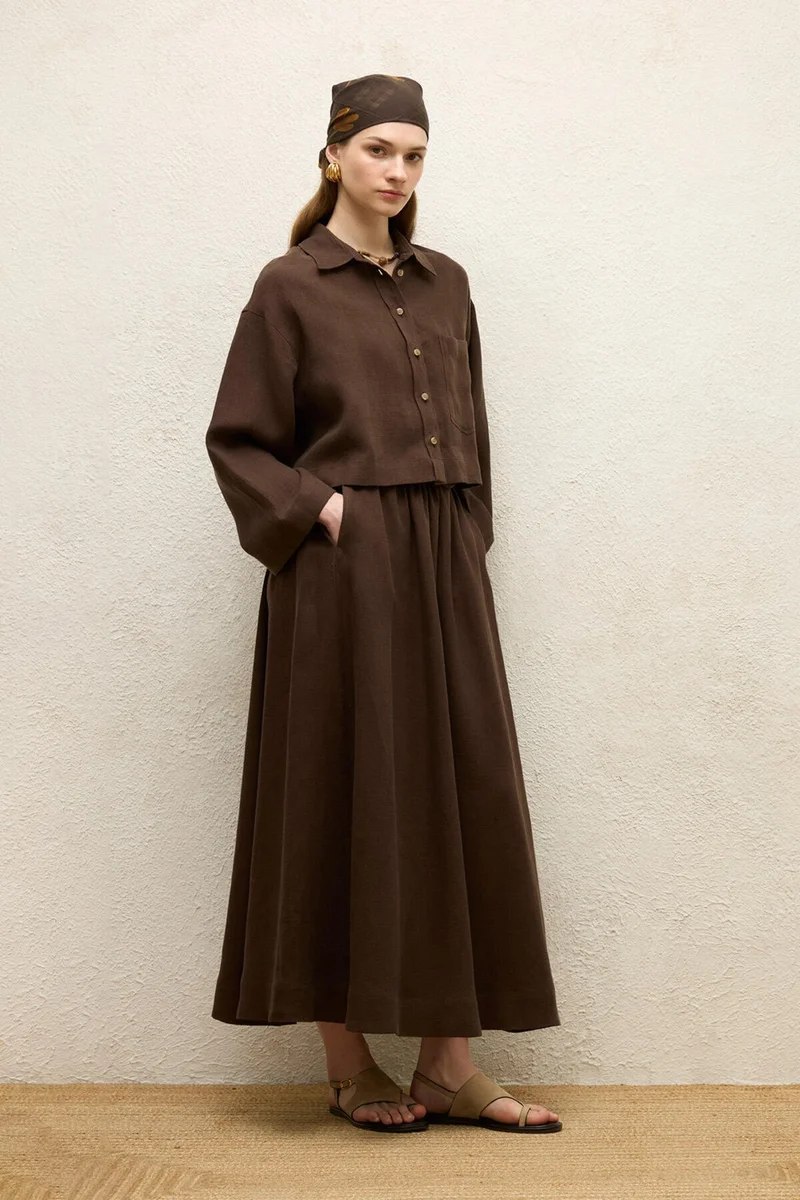 Manuka Linen Long Sleeve Crop Shirt Bitter Coffee