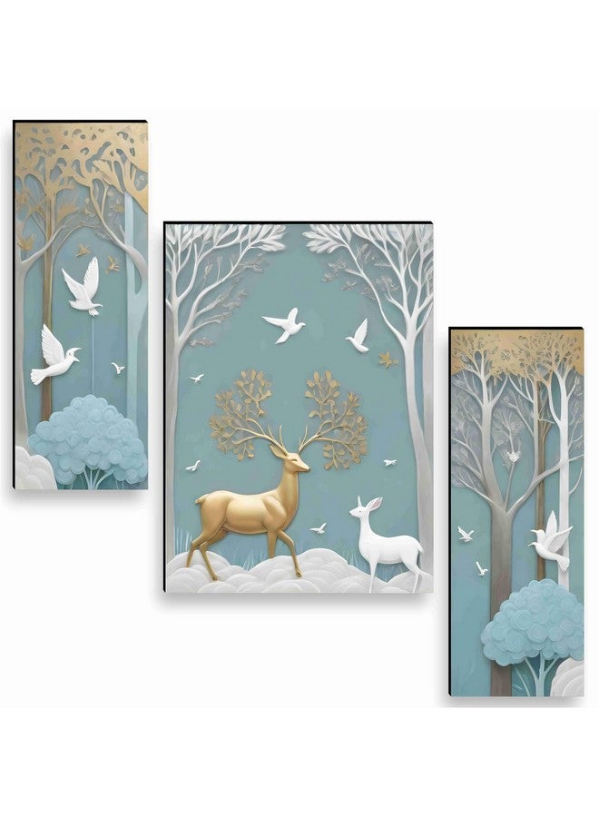 SAF couple deer wall painting for Wall Decoration - Set Of 3, 3d modern art Painting for Living Room Large Size with Frames for Home Decoration, Hotel, Office Paintings 45 cm x 60 cm WF36036