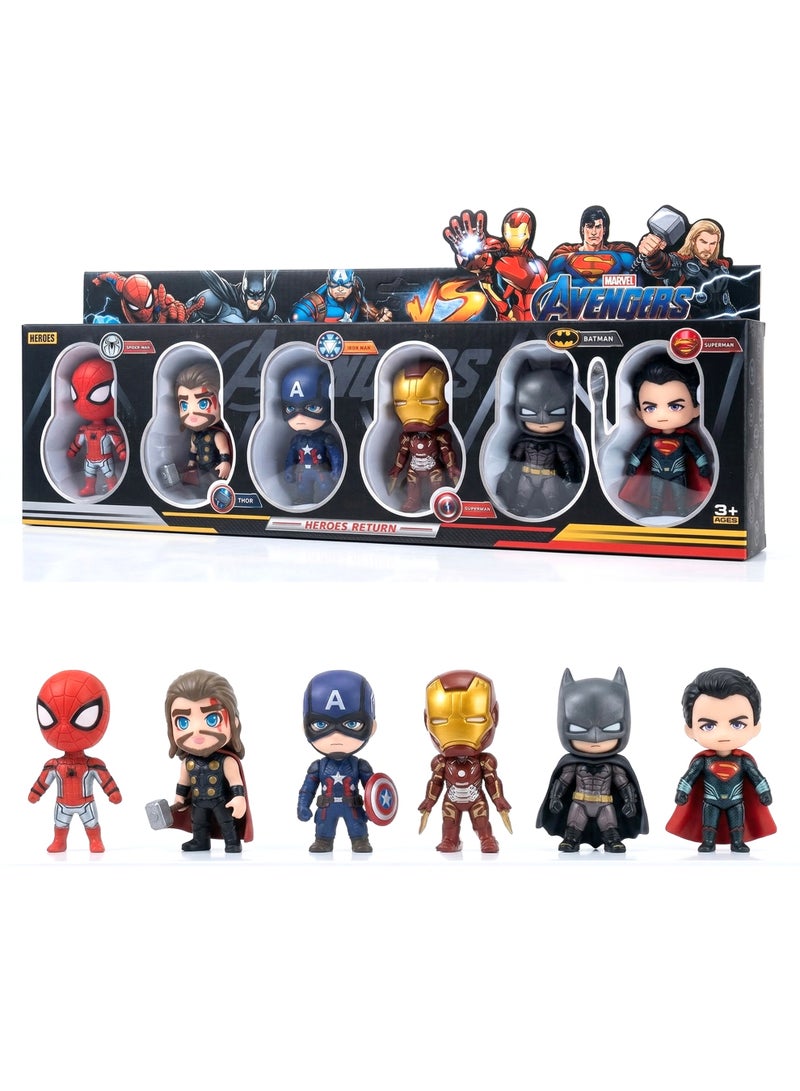 AVENGERS Heroes Return Avengers 6-Piece Ultimate Chibi Superhero Action Figure Set – 10cm Premium Mini Marvel Collectible Figures – Includes Spider-Man, Iron Man, Batman, Superman, Thor & Captain America – Birthday Eid Toy Gift for Kids & Collectors Age 1+ - Image 1