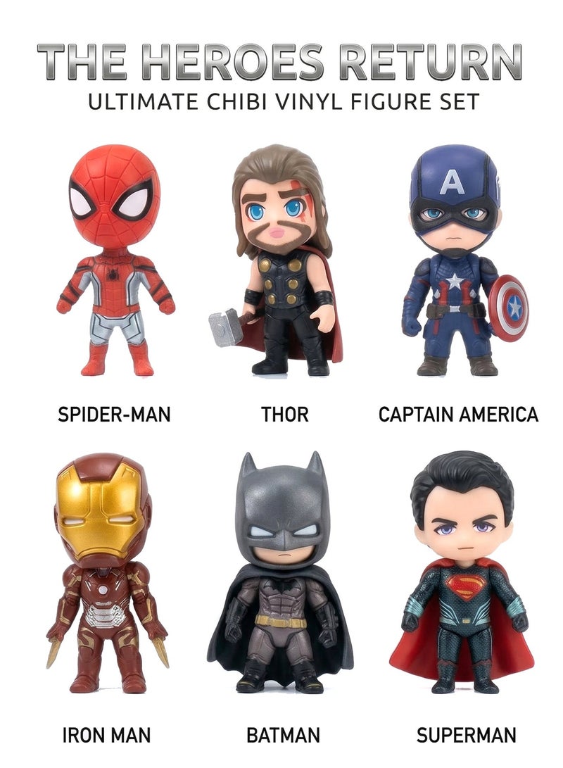 AVENGERS Heroes Return Avengers 6-Piece Ultimate Chibi Superhero Action Figure Set – 10cm Premium Mini Marvel Collectible Figures – Includes Spider-Man, Iron Man, Batman, Superman, Thor & Captain America – Birthday Eid Toy Gift for Kids & Collectors Age 1+ - Image 2